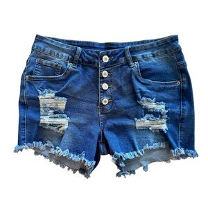 Distressed Button Fly Denim Shorts | Size Medium | Raw Hem